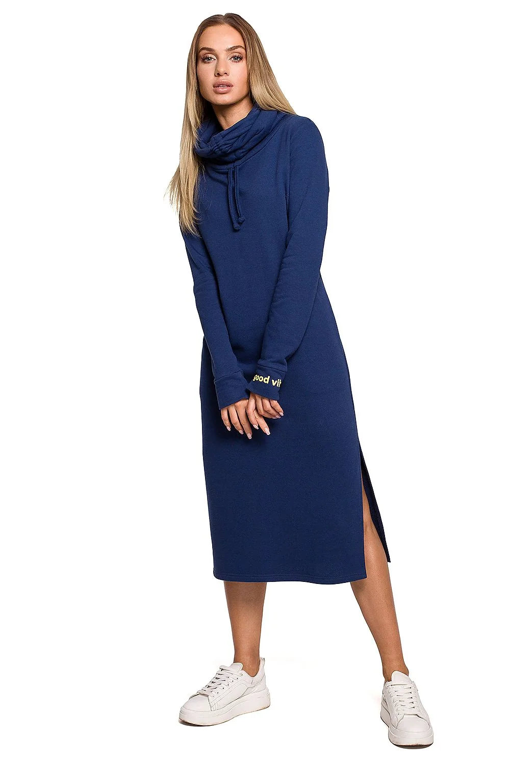 Robe midi en jersey gris confortable, design moderne col snood ajustable, style décontracté femme