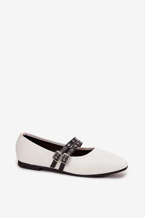ballerines plates mary jane pointues femme similicuir blanc bout effilé semelle fine noire double brides boucles réglables confortable chic polyvalent