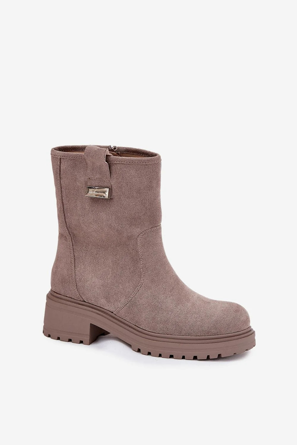 bottines montantes femme suede taupe mimollet bout rond semelle crantee talonbloc45mm fermetureeclair laterale bride decorative plaquemetal doublurefourrure interieurchaud ecologique cuirsuede