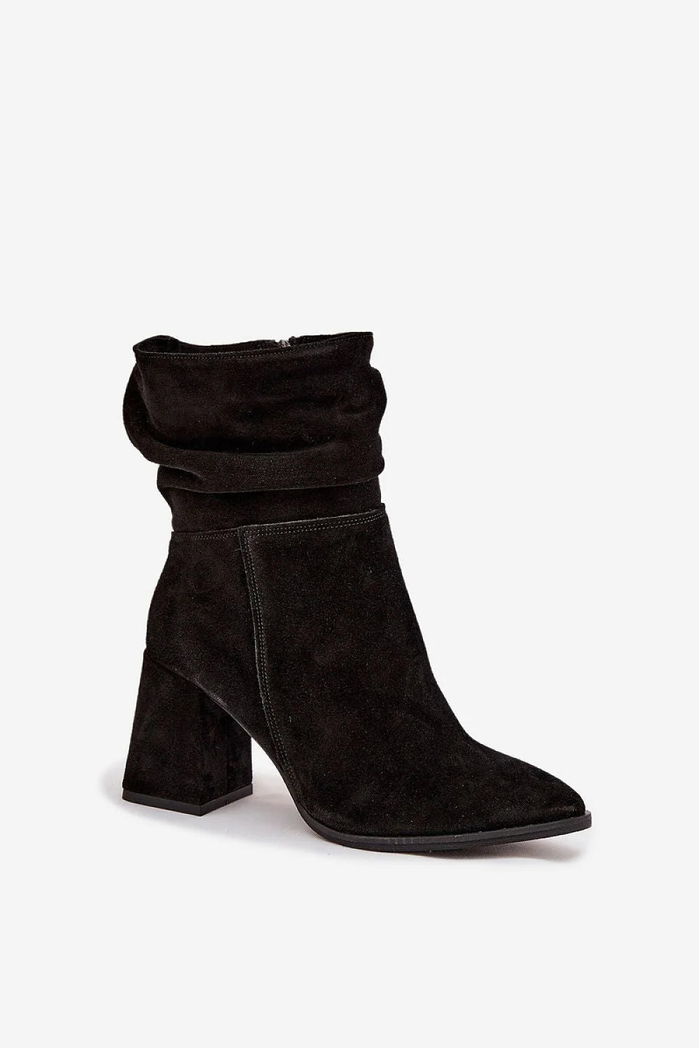 bottines femme talon bloc suède naturel noir bout effilé tige mi mollet froncée fermeture éclair doublure feutre thermique confortable élégant