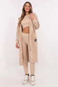 ensemble femme athleisure trois pièces beige nude molletonné côtelé gilet long zippé capuche crop top brassière leggings taille haute ajustés