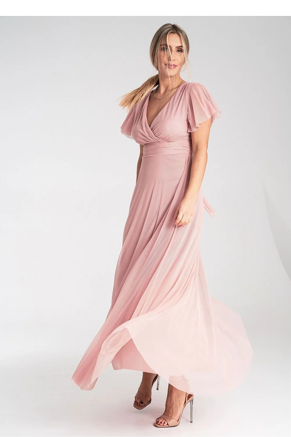Robe longue élégante style romantique couleur rose poudré tissu léger taille empire souplesse femme