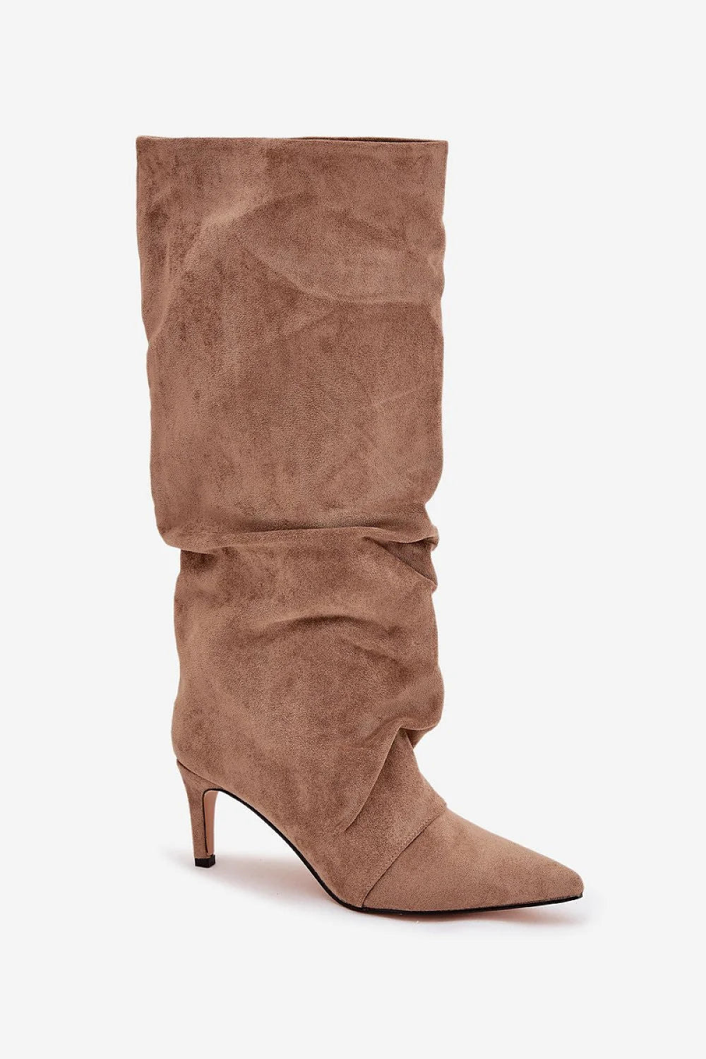 bottes genou suédine taupe bout pointu talon aiguille moyen silhouette effilée tige plissée slouchy doublure peluche chaude élégantes féminines
