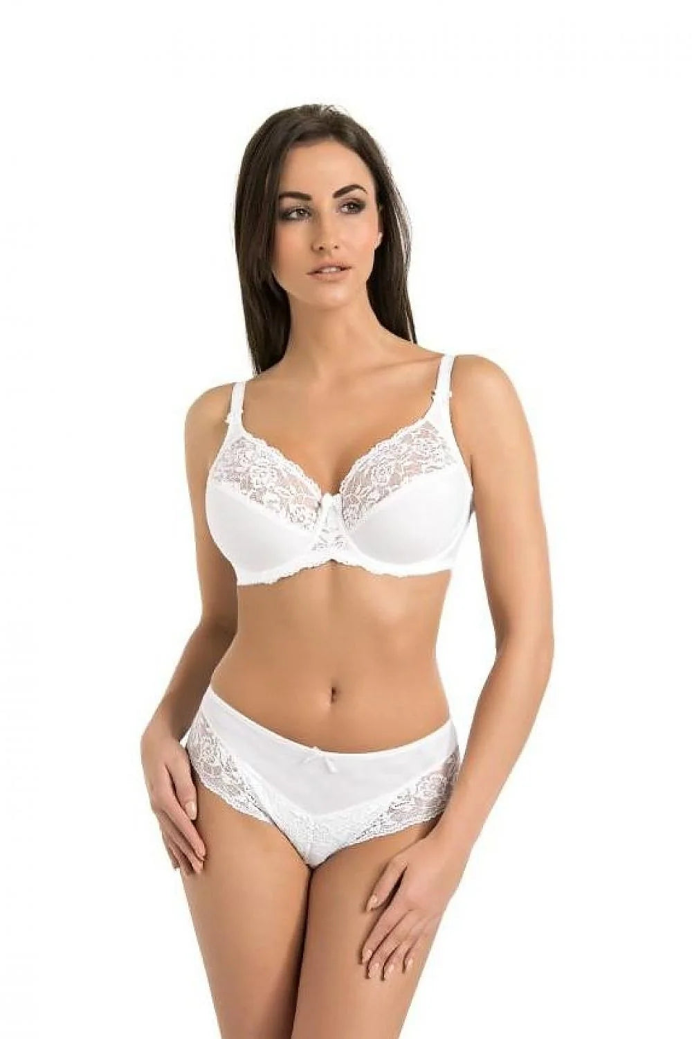 Soutien-gorge Victoria dentelle florale blanc coupe haute armature polyamide doux bretelles ajustables maintien fermeture avant nœud central