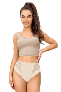culotte taille haute beige nude panneau central lisse empiècements latéraux dentelle florale bord élastiqué maintien couvrant
