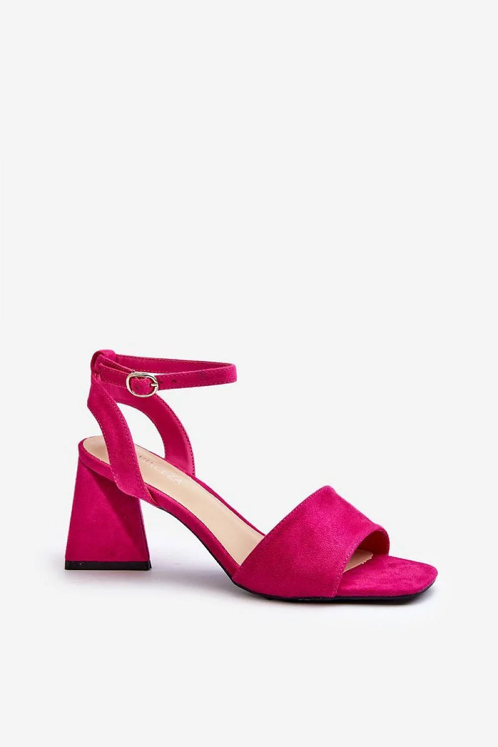 sandales talon bloc haut suédine fuchsia rose femme bout ouvert bride large avant cheville réglable boucle argentée