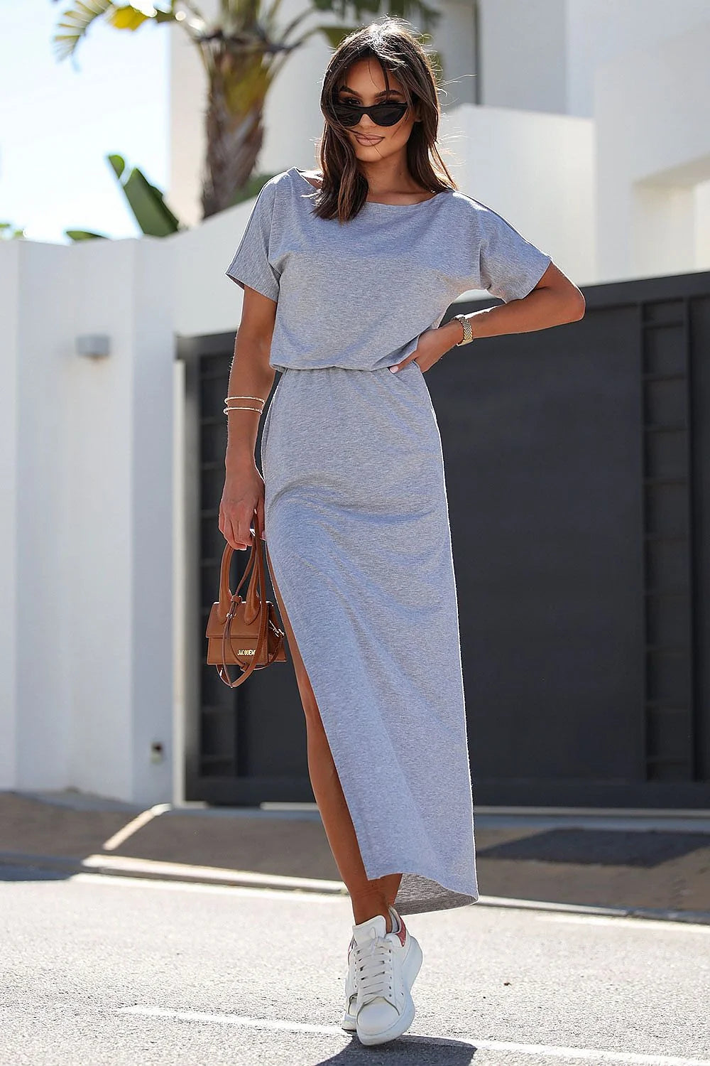 Robe de jour IVON asymétrique épaule nue tissu doux coton elasthanne taille ajustée fente latérale longueur cheville style moderne femmes occasions estivales