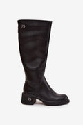 bottes montantes femme cuir naturel noir 39cm talon bloc 6cm bout rond fermeture éclair doublure chaude semelle épaisse