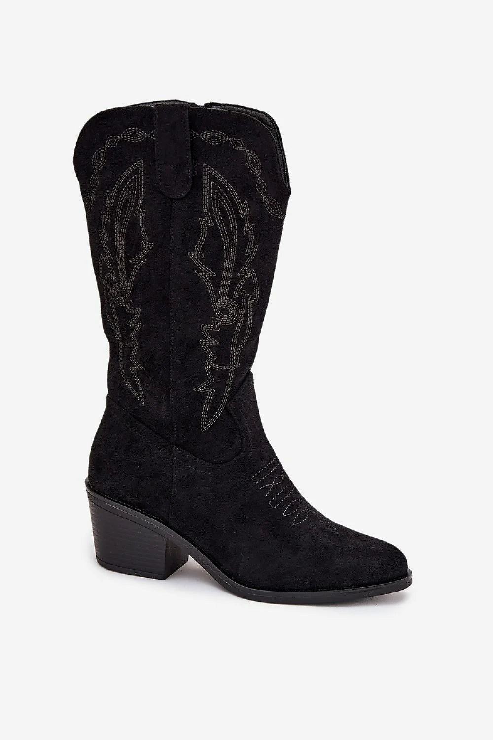 bottes cowboy femme mi mollet suédine écologique noire bout amande talon bloc stable six centimètres doublure chaude