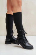 Bottes hautes pour femmes en cuir écologique et textile, style militaire, noires, confortables, occasion quotidienne et soirée