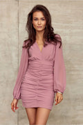 Robe courte Roco Fashion V-décolleté manches longues matière stretch femme élégance moderne occasions spéciales