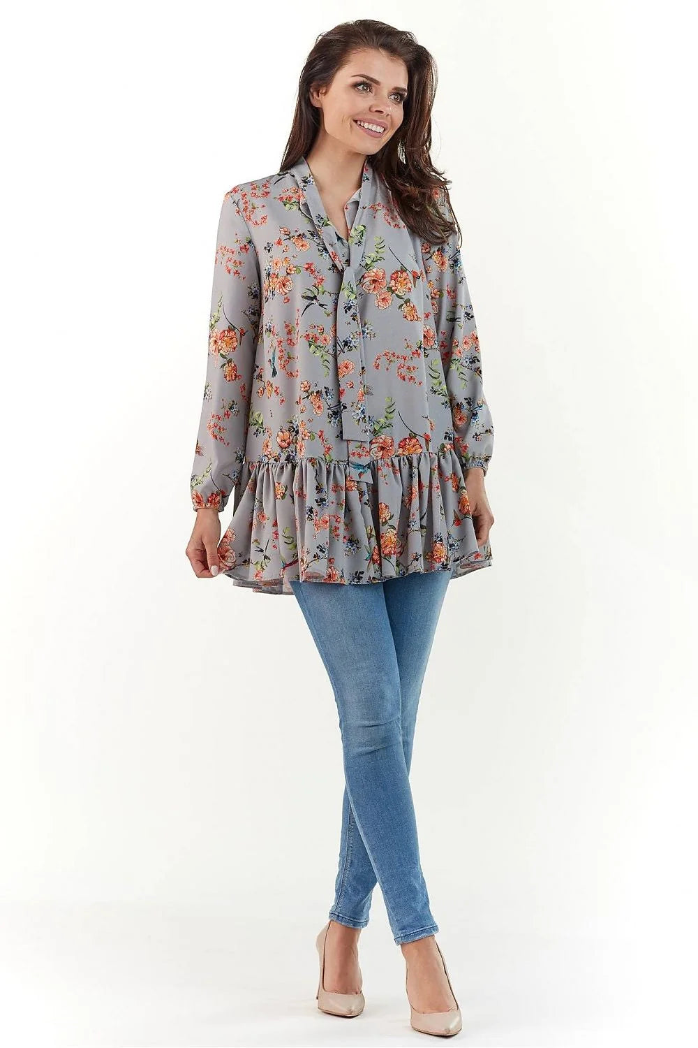 chemisier féminin élégant polyester élasthanne motif floral multicolore ample nœud lavallière manches longues bouffantes poignets élastiques volant bas