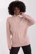 Pull-over en tricot femme torsades enchevêtrées col roulé manches longues teinte rose pâle coupe droite finitions rib côtelé