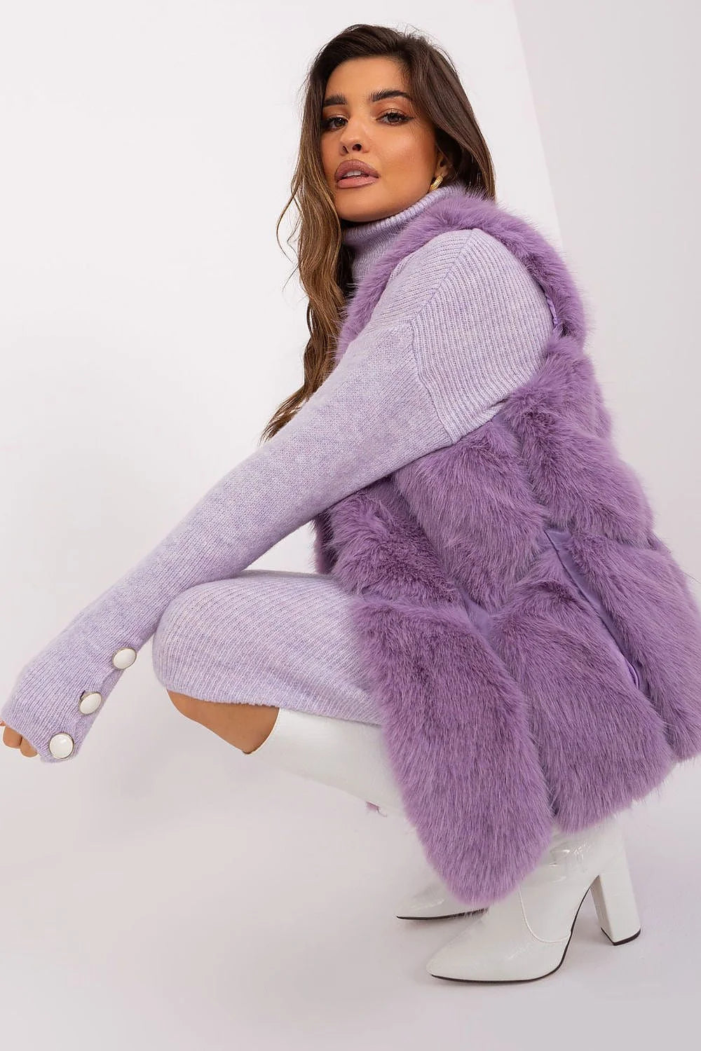 Robe col roulé fausse fourrure veste sans manches automne hiver printemps femme mode chic élégant