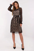 Robe de cocktail élégante mi-longue manches longues dentelle noire motifs floraux ceinture ajustable beige nude femme