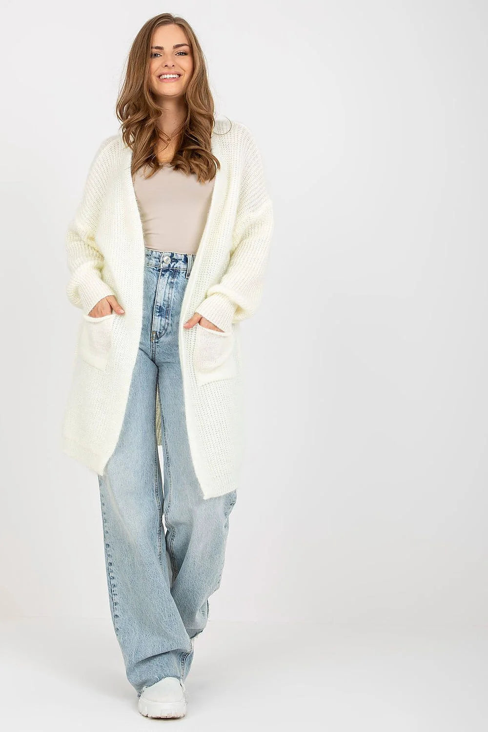 Cardigan Och Bella longue manches longues style casual large poches acrylique moher laine femme