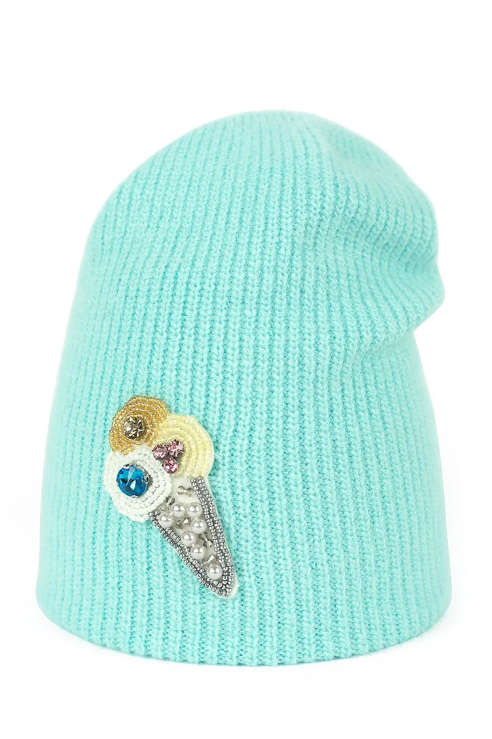Bonnet maille côtelée angora acrylique bleu turquoise paillettes strass perles détails glitter mode femme hiver