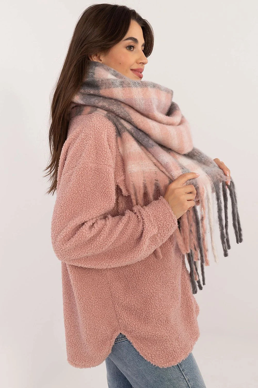 Écharpe en laine imitation châle carreaux rose gris blanc franges longueur 186 cm féminine hiver