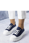 Baskets basses femmes design moderne style décontracté bleu marine tige toile semelle épaisse rainures verticales lacets blancs plateforme subtile confortable