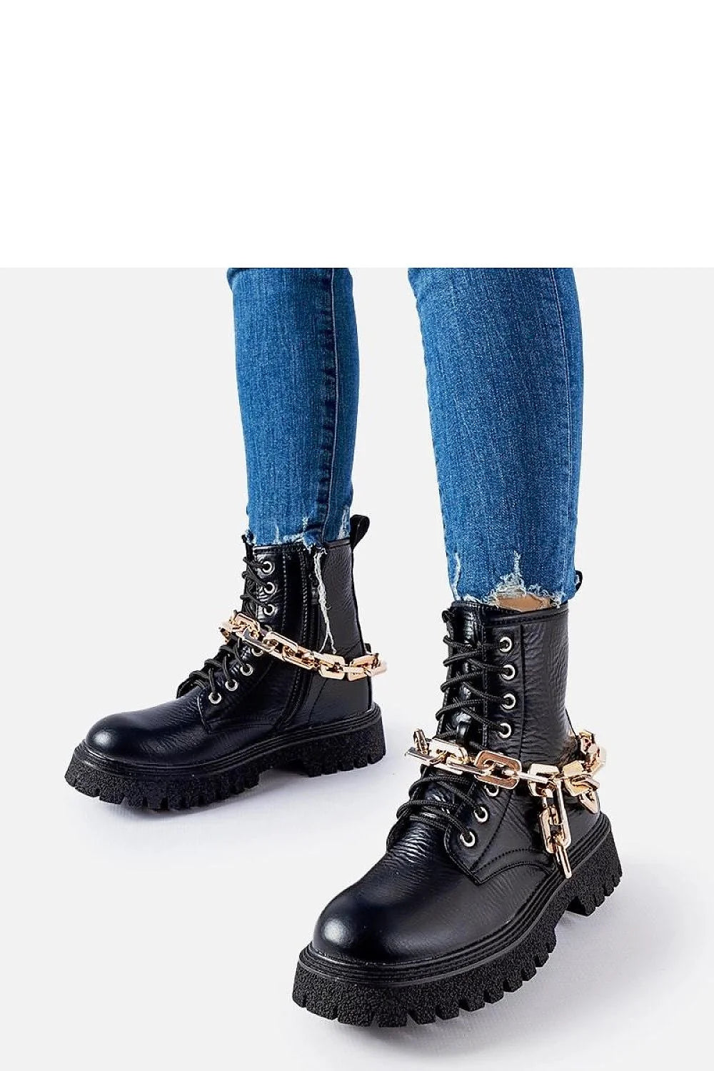 Bottes trappeur Solea femmes design robuste style militaire cuir synthétique chaîne dorée cheville soutien ankle boot