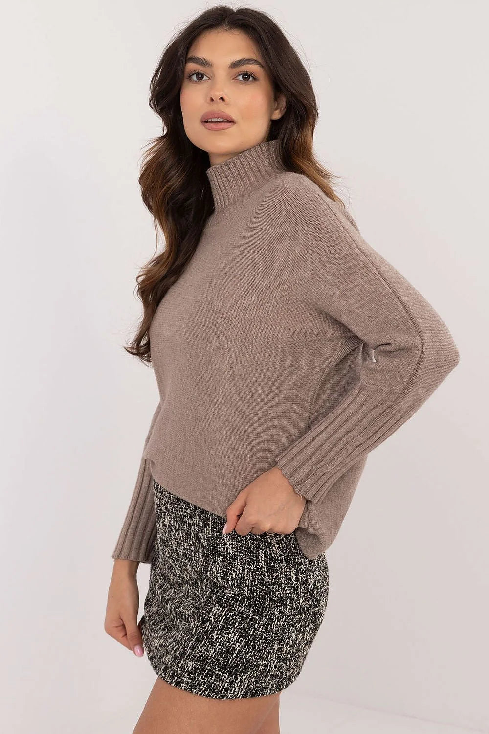 pull femme col roulé maille douce taupe coupe loose boxy courte manches longues poignets côtelés tombé fluide polyvalent chic décontracté