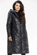 Manteau long pour femmes à capuche double face fermeture éclair matelassé style contemporain noir doublure carreaux bleus hiver