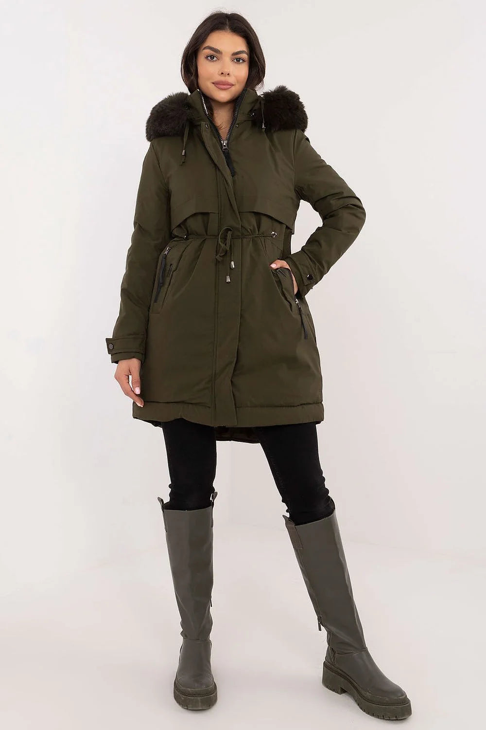 Veste pour femme style parka kaki imperméable coupe ajustée capuche fourrure synthétique