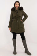 Veste pour femme style parka kaki imperméable coupe ajustée capuche fourrure synthétique