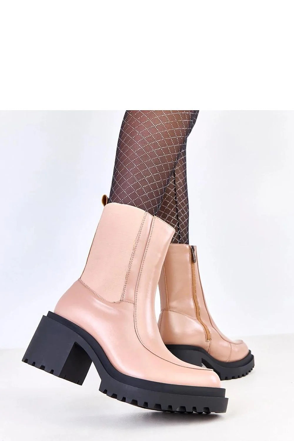 bottines Solea femme cuir écologique rose poudré lisse arrondi talon bloc 7 5cm semelle crantée antidérapante fermeture éclair