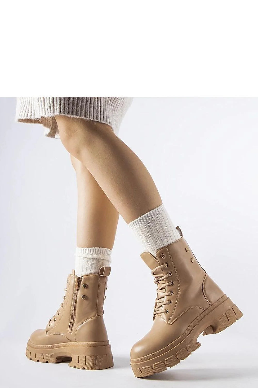 bottines beige camel robustes militaire semelle épaisse crantée plateforme antidérapante talon large confort simili cuir doublure chaude intérieure