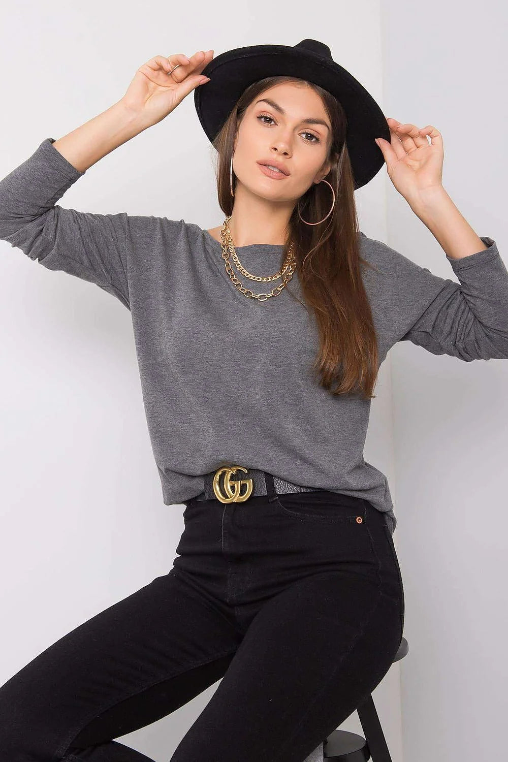 Chemisier femme coton manches longues élégant décontracté col rond gris clair casual moderne mode