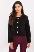 blazer femme court chanelienne bouclé noir coupe droite col rond boutons dorés poches rabat manches longues doublée polyester