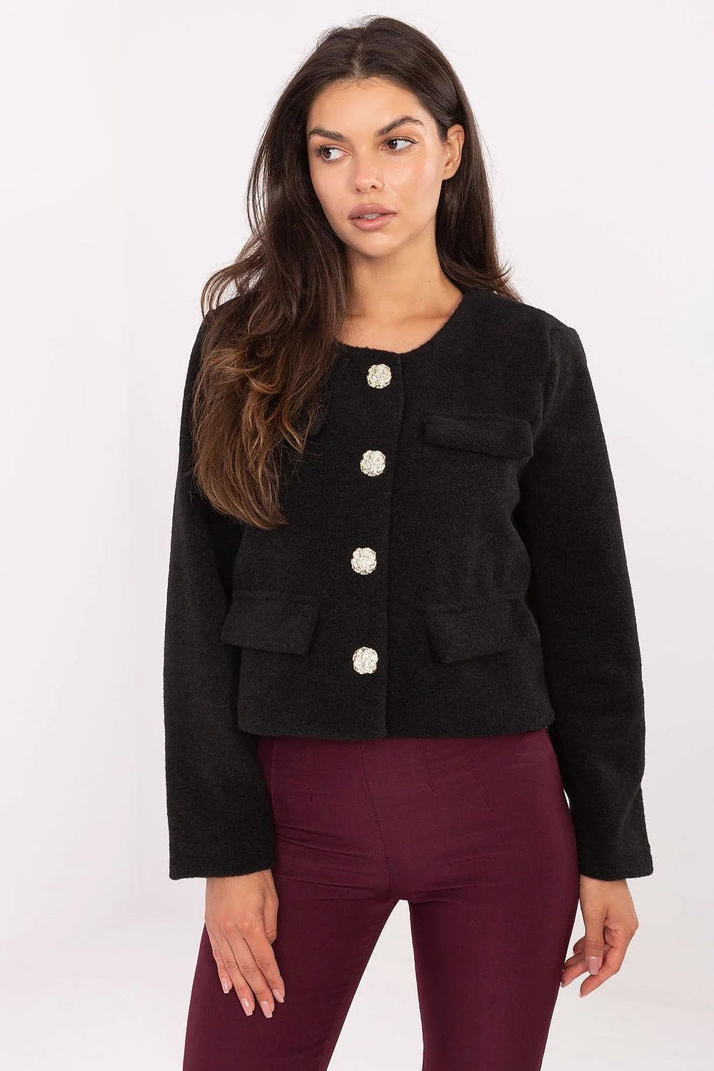 blazer femme court chanelienne bouclé noir coupe droite col rond boutons dorés poches rabat manches longues doublée polyester