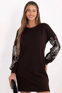 robe courte molleton viscose elasthanne jersey chocolat col rond manches bouffantes broderie florale blanche poches coupe droite féminine