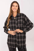 chemise femme flanelle douce carreaux gris noir lignes bordeaux oversize coupe longue manches longues poche poitrine broche amovible confortable polyvalente