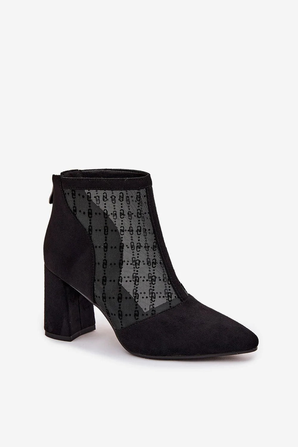 bottines femme suède noir bout pointu talon bloc mihauteur tige mesh transparent motifs géométriques couture zippée maintien confortable soirée élégante