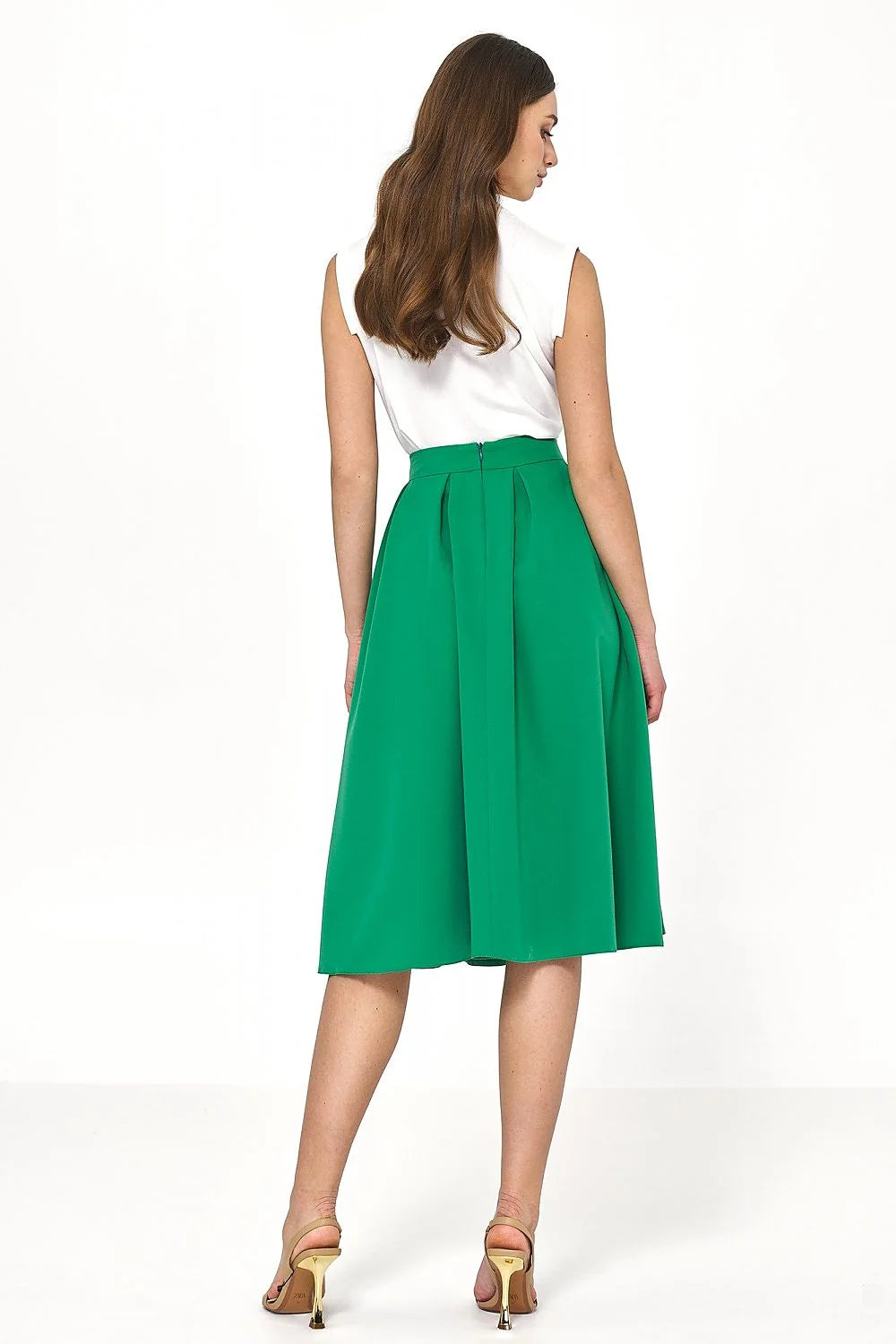 Jupe évasée mi-longue verte taille haute en viscose et polyester pour femme, élégante et confortable