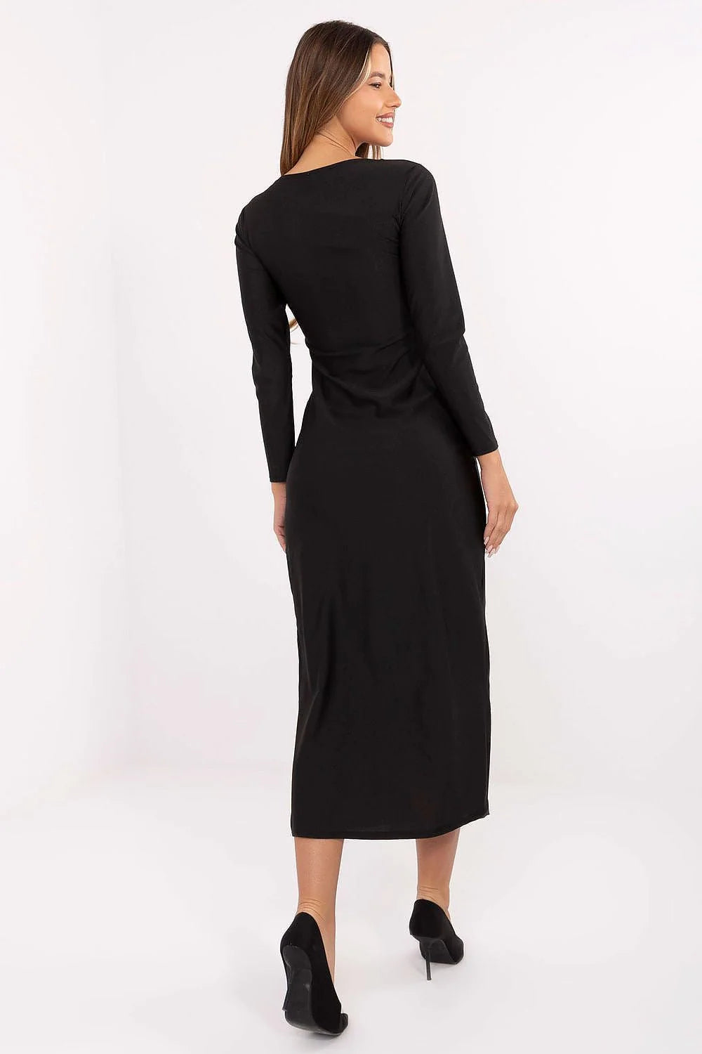 robe soirée crayon élégante sensuelle viscose polyester stretch moulante midi fente latérale profonde cuisse bonnets préformés décolleté V broche dorée