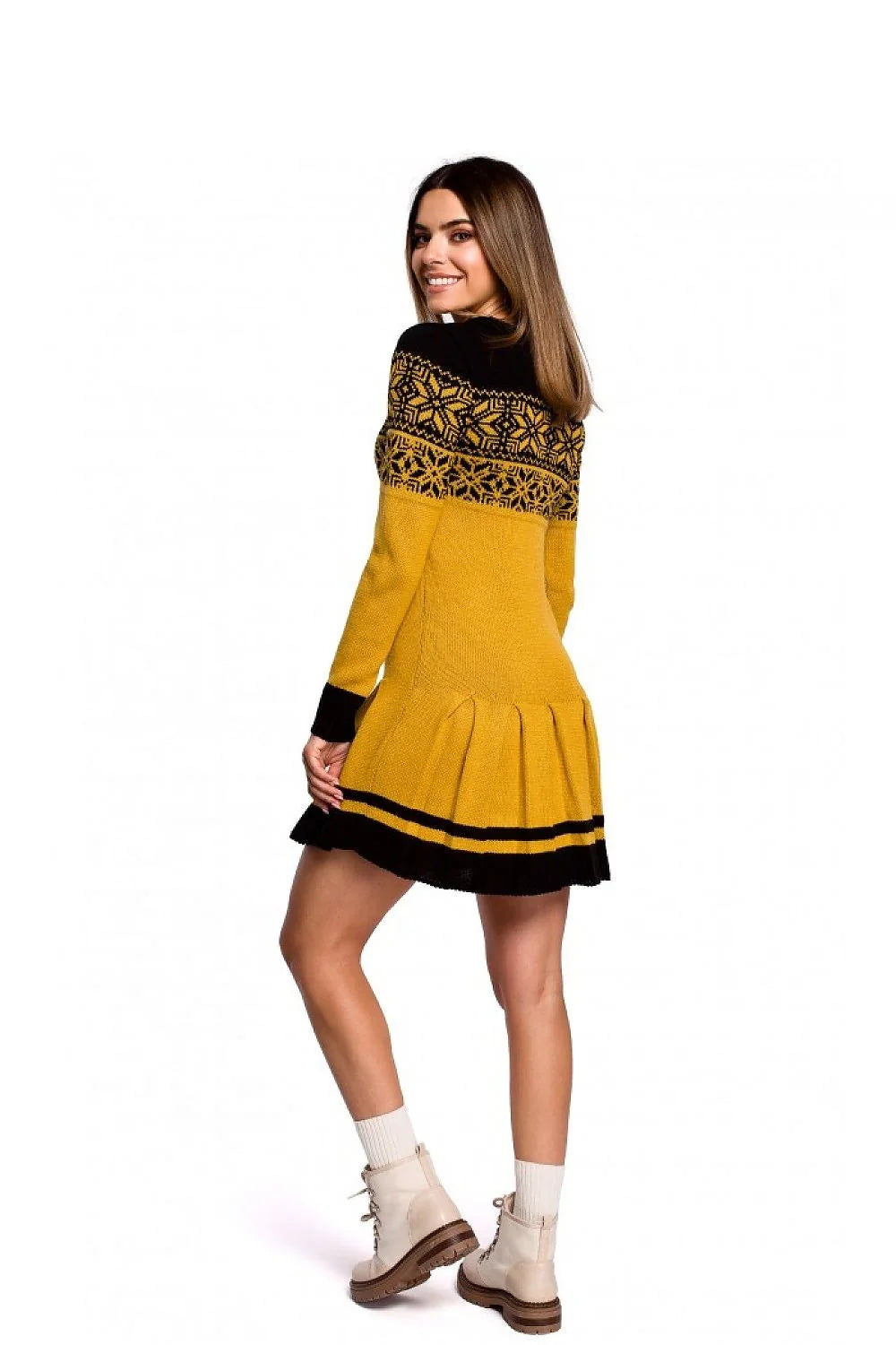 Robe en maille élégante automne-hiver jacquard confortable jaune moutarde manches longues femme tendance casual