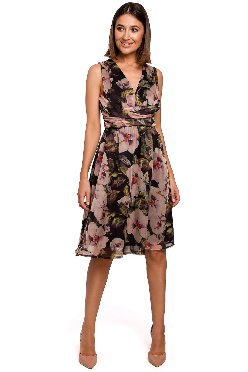 robe midi sans manches décolleté plongeant drapé froncé taille cintrée ceinture décorative tissu polyester fluide imprimé floral bleu pastel romantique