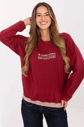 sweatshirt femme oversize manches longues encolure ronde bordeaux grenat coton elasthanne doux extensible broderie slogan crème ourlet contrastant beige hanches