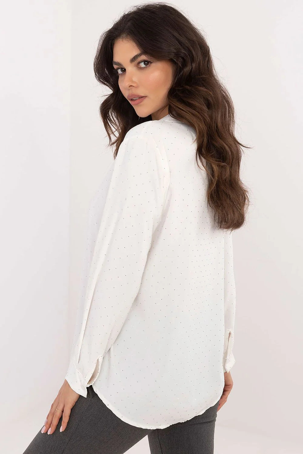 Chemise élégante pour femme manches longues col classique strass brillants tissu mélange polyester viscose polyvalente occasion spéciale soirée