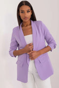 Veste pour femme élégante en polyester doux couleur lilas longueur hanches col châle sans boutons poches rabat