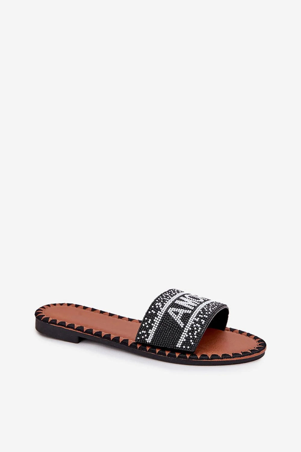 mules femme plates faciles enfiler bride large perlée noir blanc AMOR bout ouvert semelle simili cuir coussinée confort talon plat