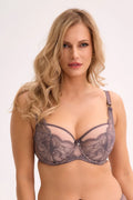 soutien gorge balconnet armatures semi rembourré tulle dentelle florale mauve gris bonnets transparents bord festonné décolleté sculpté bretelles réglables maintien