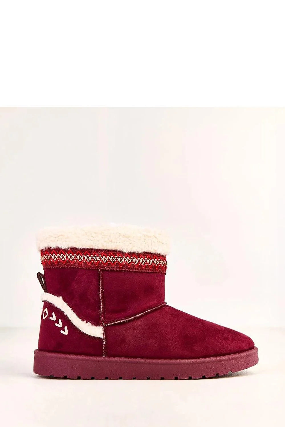bottines femme fourrées suédine bordeaux cheville courte col roulotté fourrure écrue bordure tricotée rouge blanche semelle caoutchouc antidérapante confort thermique