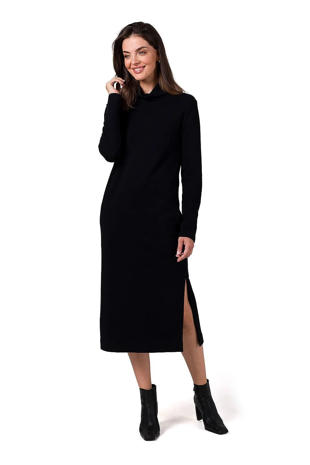 Robe longue élégante pour femme en maille coton noire manches longues col montant fente latérale polyvalente Be Wear