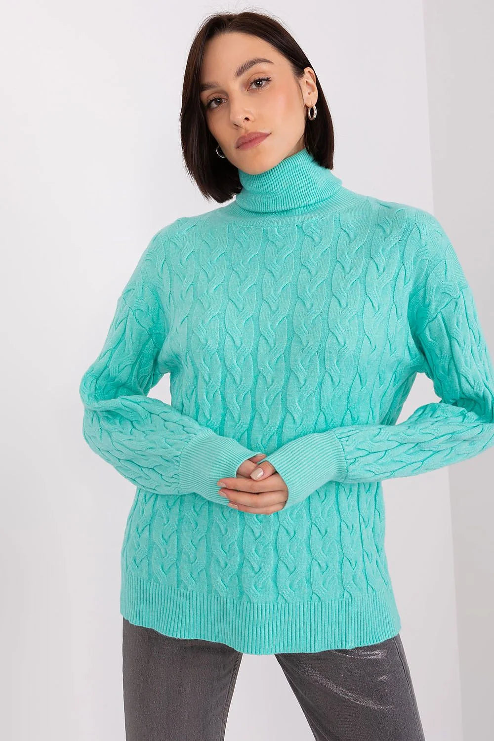 Pull à col roulé en maille torsadée bleu turquoise pour femme, style classique intemporel, confort optimal