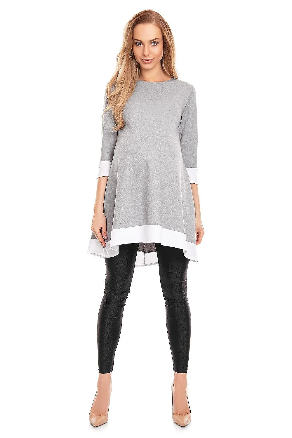 Top de maternité élégant Pee Ka Boo en maille douce, coupe ample, manches 3/4, gris et blanc, femme enceinte