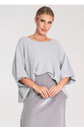 pull poncho femme maille fine gris clair oversize encolure bateau manches amples troisquarts kimono tombé fluide ourlet asymétrique